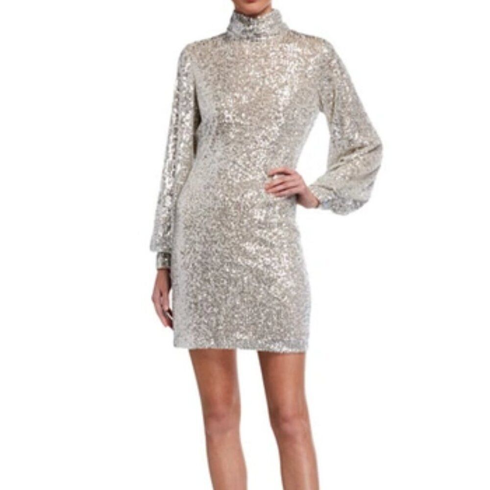 ONE33 SOCIAL Mock Neck womens sequin Volume Sleeve Retro Party Dress Size 2